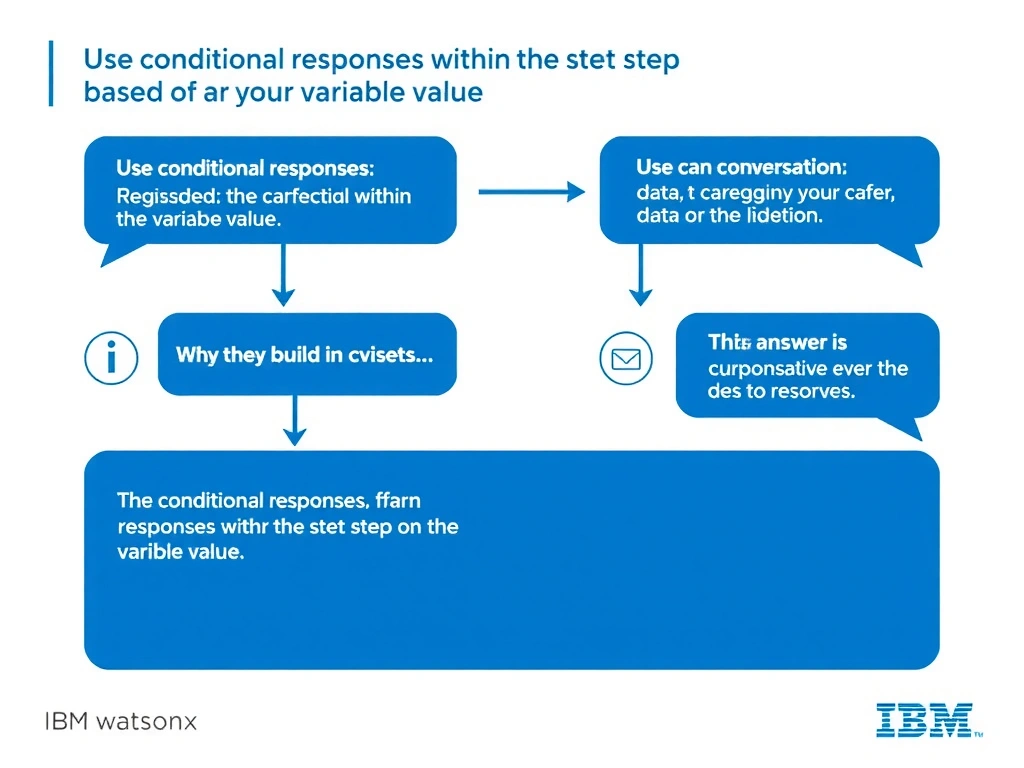 Educational infographic for IBM watsonx Assistant: visualize the concept of 'Use conditional responses within the step based on the variable value' within the 'Domain 1: Build Conversations' domain. Use a clean diagram or layered flow showing how this capability fits into a conversational AI lifecycle — labeled boxes for key components, arrows showing data or conversation flow, IBM blue/navy color palette with white text callouts highlighting why this answer is correct.