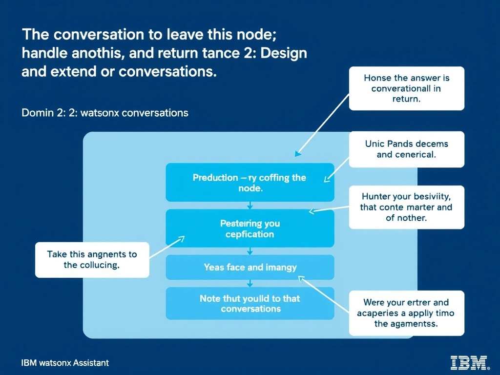 Educational infographic for IBM watsonx Assistant: visualize the concept of 'The conversation to leave this node; handle another topic; and return' within the 'Domain 2: Design and Extend Conversations' domain. Use a clean diagram or layered flow showing how this capability fits into a conversational AI lifecycle — labeled boxes for key components, arrows showing data or conversation flow, IBM blue/navy color palette with white text callouts highlighting why this answer is correct.
