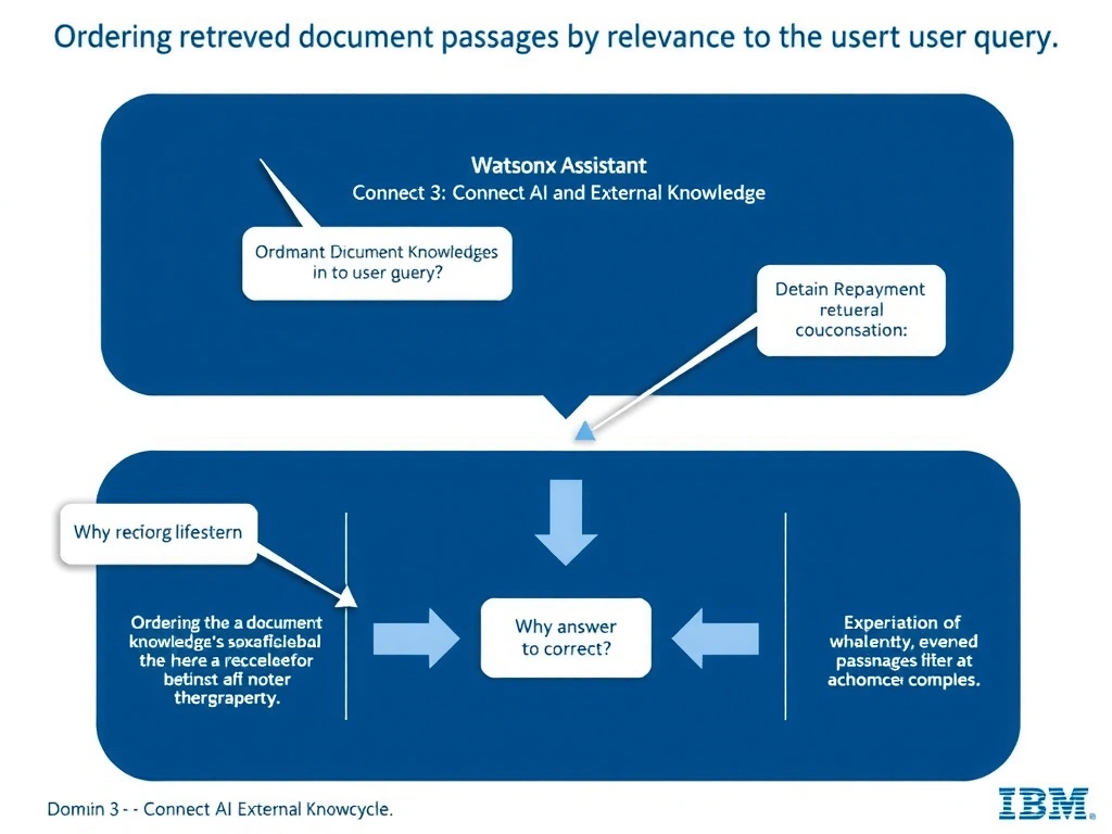 Educational infographic for IBM watsonx Assistant: visualize the concept of 'Ordering retrieved document passages by relevance to the user query' within the 'Domain 3: Connect AI and External Knowledge' domain. Use a clean diagram or layered flow showing how this capability fits into a conversational AI lifecycle — labeled boxes for key components, arrows showing data or conversation flow, IBM blue/navy color palette with white text callouts highlighting why this answer is correct.