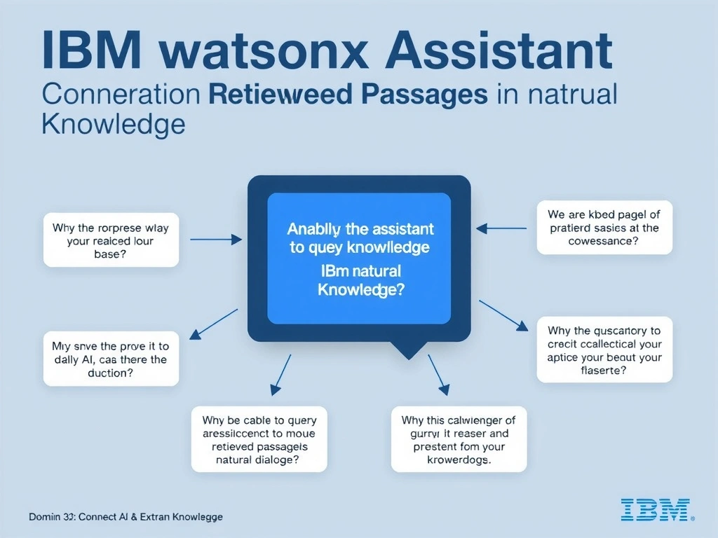 Educational infographic for IBM watsonx Assistant: visualize the concept of 'Enabling the assistant to query a knowledge base and present retrieved passages in natural dialogue' within the 'Domain 3: Connect AI and External Knowledge' domain. Use a clean diagram or layered flow showing how this capability fits into a conversational AI lifecycle — labeled boxes for key components, arrows showing data or conversation flow, IBM blue/navy color palette with white text callouts highlighting why this answer is correct.
