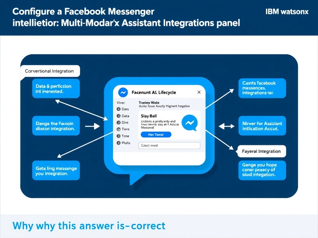 Educational infographic for IBM watsonx Assistant: visualize the concept of 'Configure a Facebook Messenger integration in the watsonx Assistant Integrations panel' within the 'Domain 7: Multi-Modal Integration' domain. Use a clean diagram or layered flow showing how this capability fits into a conversational AI lifecycle — labeled boxes for key components, arrows showing data or conversation flow, IBM blue/navy color palette with white text callouts highlighting why this answer is correct.