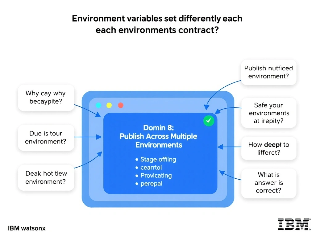 Educational infographic for IBM watsonx Assistant: visualize the concept of 'Environment variables set differently for each environment' within the 'Domain 8: Publish Across Multiple Environments' domain. Use a clean diagram or layered flow showing how this capability fits into a conversational AI lifecycle — labeled boxes for key components, arrows showing data or conversation flow, IBM blue/navy color palette with white text callouts highlighting why this answer is correct.