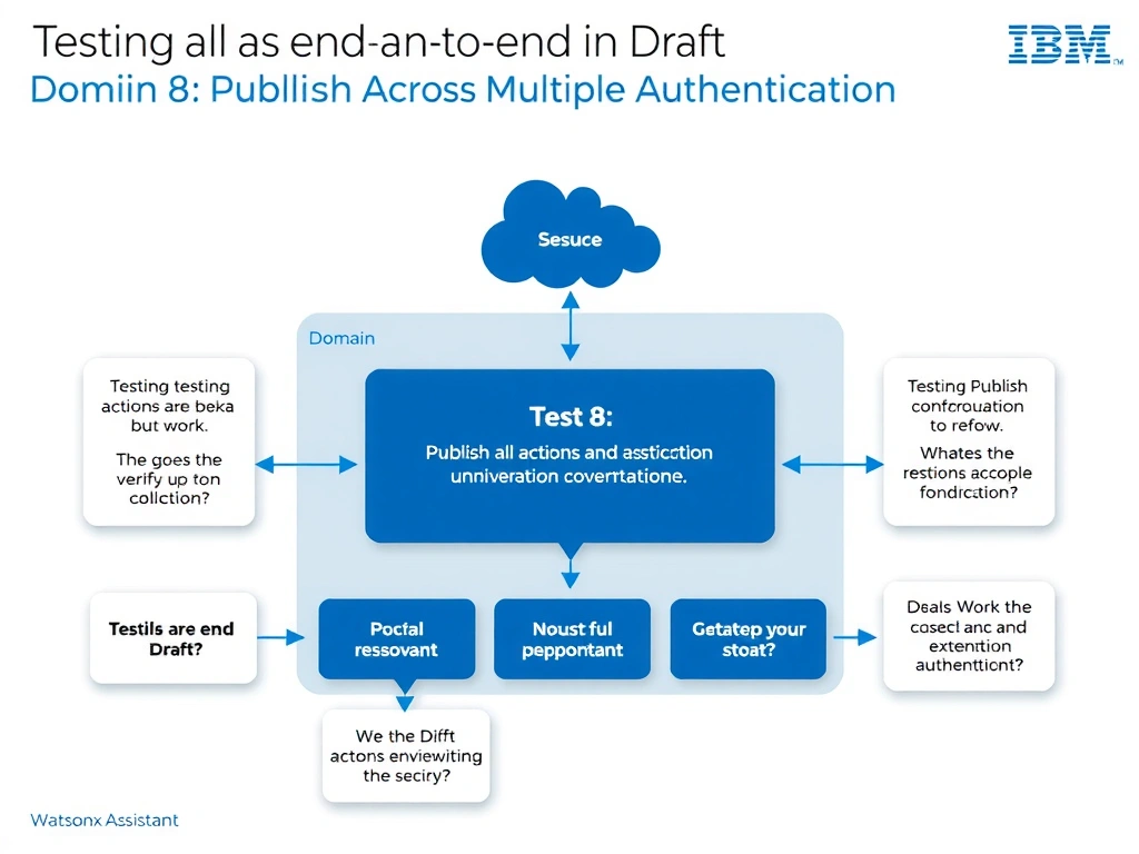 Educational infographic for IBM watsonx Assistant: visualize the concept of 'Testing all actions end-to-end in Draft and verifying custom extension authentication' within the 'Domain 8: Publish Across Multiple Environments' domain. Use a clean diagram or layered flow showing how this capability fits into a conversational AI lifecycle — labeled boxes for key components, arrows showing data or conversation flow, IBM blue/navy color palette with white text callouts highlighting why this answer is correct.
