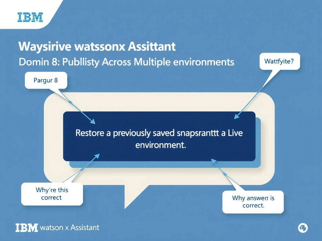 Educational infographic for IBM watsonx Assistant: visualize the concept of 'Restore a previously saved version snapshot to the Live environment' within the 'Domain 8: Publish Across Multiple Environments' domain. Use a clean diagram or layered flow showing how this capability fits into a conversational AI lifecycle — labeled boxes for key components, arrows showing data or conversation flow, IBM blue/navy color palette with white text callouts highlighting why this answer is correct.