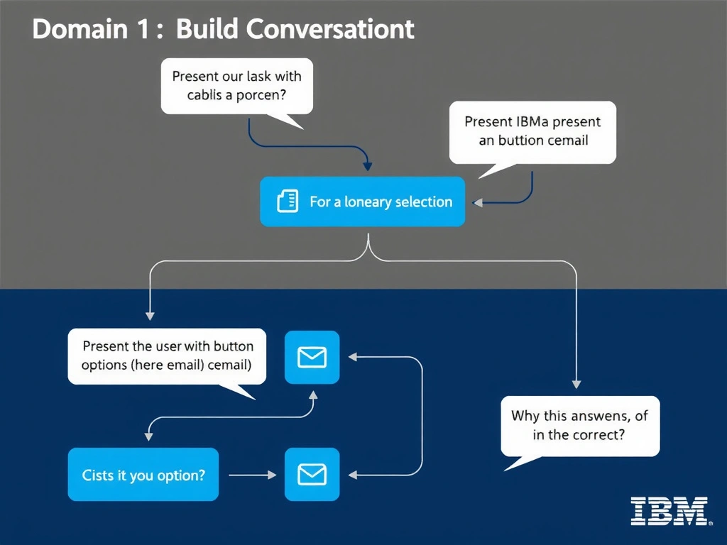 Educational infographic for IBM watsonx Assistant: visualize the concept of 'Present the user with button options (phone; email) and branch based on the selection' within the 'Domain 1: Build Conversations' domain. Use a clean diagram or layered flow showing how this capability fits into a conversational AI lifecycle — labeled boxes for key components, arrows showing data or conversation flow, IBM blue/navy color palette with white text callouts highlighting why this answer is correct.