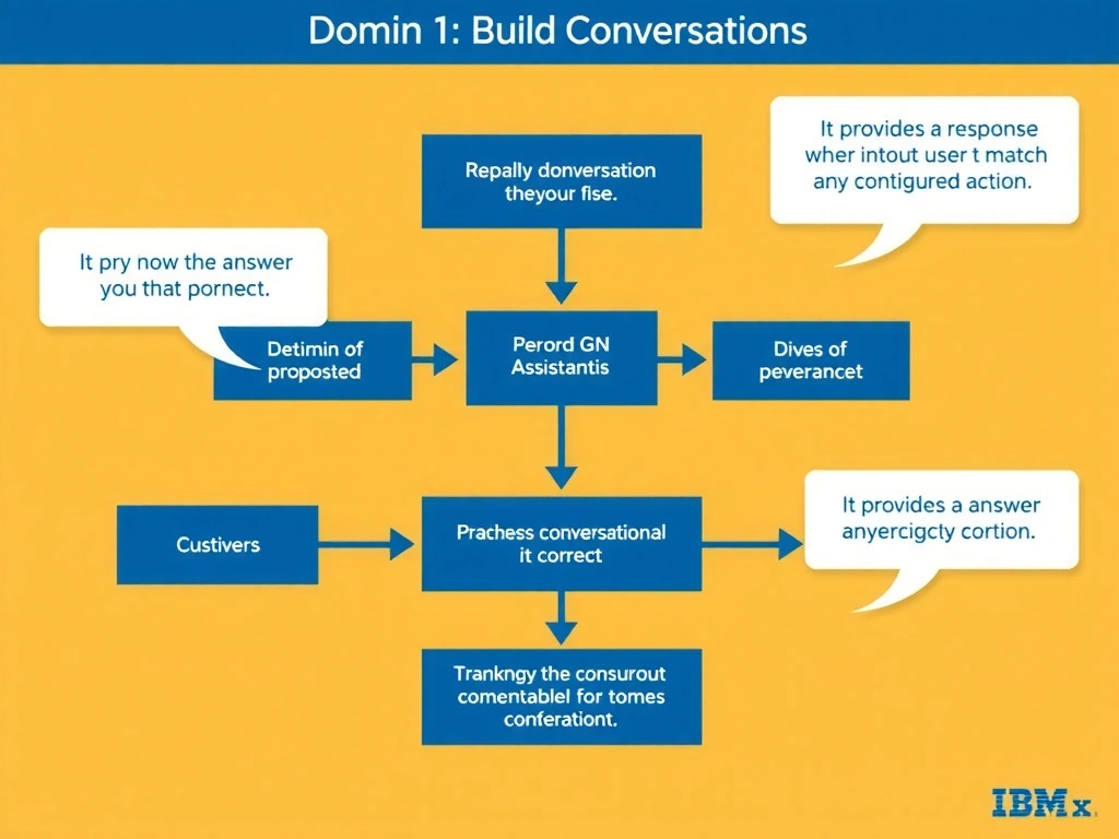 Educational infographic for IBM watsonx Assistant: visualize the concept of 'It provides a response when user input does not match any configured action' within the 'Domain 1: Build Conversations' domain. Use a clean diagram or layered flow showing how this capability fits into a conversational AI lifecycle — labeled boxes for key components, arrows showing data or conversation flow, IBM blue/navy color palette with white text callouts highlighting why this answer is correct.