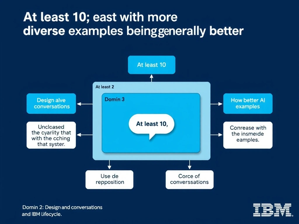 Educational infographic for IBM watsonx Assistant: visualize the concept of 'At least 10; with more diverse examples being generally better' within the 'Domain 2: Design and Extend Conversations' domain. Use a clean diagram or layered flow showing how this capability fits into a conversational AI lifecycle — labeled boxes for key components, arrows showing data or conversation flow, IBM blue/navy color palette with white text callouts highlighting why this answer is correct.