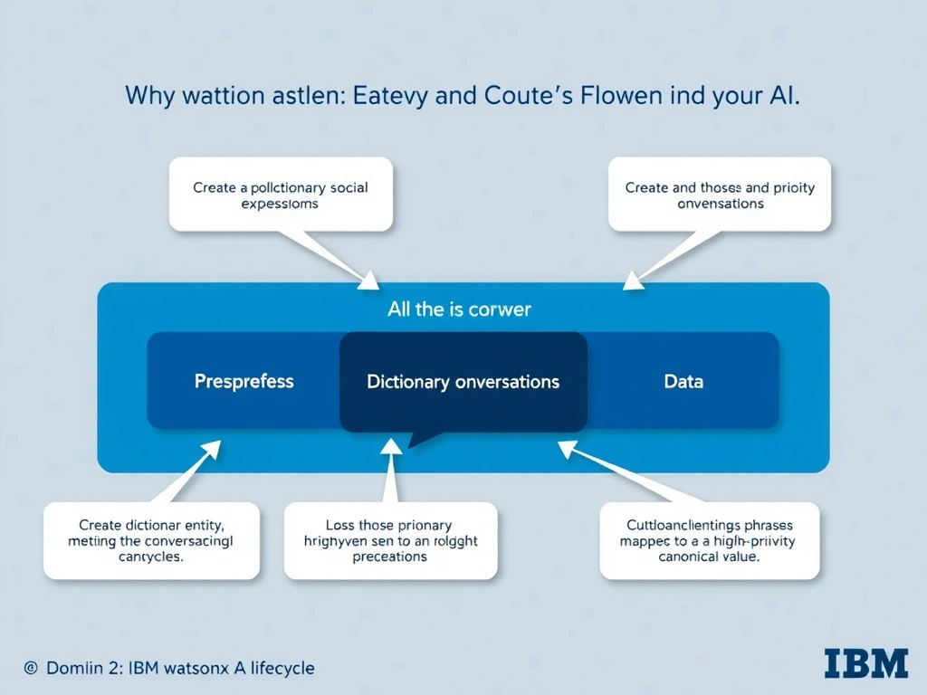Educational infographic for IBM watsonx Assistant: visualize the concept of 'Create a dictionary entity with those phrases mapped to a high-priority canonical value' within the 'Domain 2: Design and Extend Conversations' domain. Use a clean diagram or layered flow showing how this capability fits into a conversational AI lifecycle — labeled boxes for key components, arrows showing data or conversation flow, IBM blue/navy color palette with white text callouts highlighting why this answer is correct.