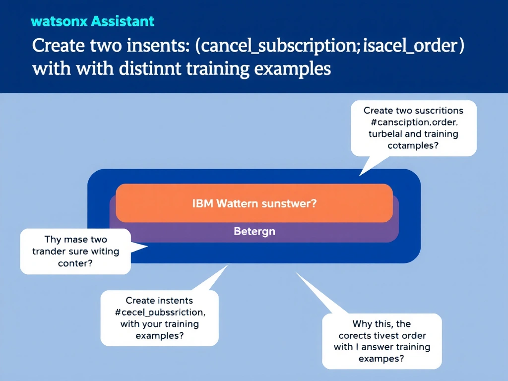 Educational infographic for IBM watsonx Assistant: visualize the concept of 'Create two intents (#cancelsubscription; #cancelorder) with distinct training examples' within the 'Domain 2: Design and Extend Conversations' domain. Use a clean diagram or layered flow showing how this capability fits into a conversational AI lifecycle — labeled boxes for key components, arrows showing data or conversation flow, IBM blue/navy color palette with white text callouts highlighting why this answer is correct.