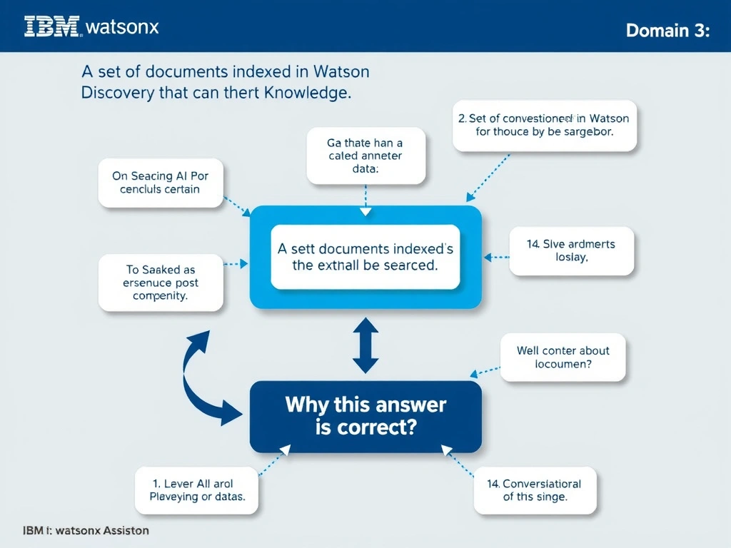 Educational infographic for IBM watsonx Assistant: visualize the concept of 'A set of documents indexed in Watson Discovery that can be searched' within the 'Domain 3: Connect AI and External Knowledge' domain. Use a clean diagram or layered flow showing how this capability fits into a conversational AI lifecycle — labeled boxes for key components, arrows showing data or conversation flow, IBM blue/navy color palette with white text callouts highlighting why this answer is correct.