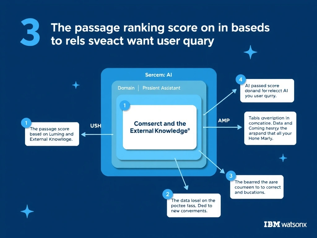 Educational infographic for IBM watsonx Assistant: visualize the concept of 'The passage ranking score based on relevance to the user query' within the 'Domain 3: Connect AI and External Knowledge' domain. Use a clean diagram or layered flow showing how this capability fits into a conversational AI lifecycle — labeled boxes for key components, arrows showing data or conversation flow, IBM blue/navy color palette with white text callouts highlighting why this answer is correct.