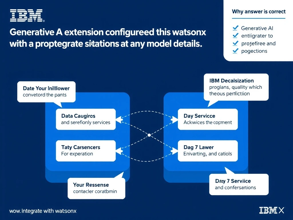 Educational infographic for IBM watsonx Assistant: visualize the concept of 'Generative AI extension configured with the watsonx.ai project and model details' within the 'Domain 4: Integrate with watsonx' domain. Use a clean diagram or layered flow showing how this capability fits into a conversational AI lifecycle — labeled boxes for key components, arrows showing data or conversation flow, IBM blue/navy color palette with white text callouts highlighting why this answer is correct.