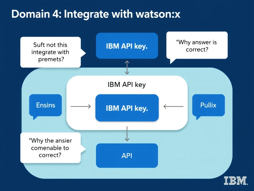 Educational infographic for IBM watsonx Assistant: visualize the concept of 'IBM Cloud API key' within the 'Domain 4: Integrate with watsonx' domain. Use a clean diagram or layered flow showing how this capability fits into a conversational AI lifecycle — labeled boxes for key components, arrows showing data or conversation flow, IBM blue/navy color palette with white text callouts highlighting why this answer is correct.