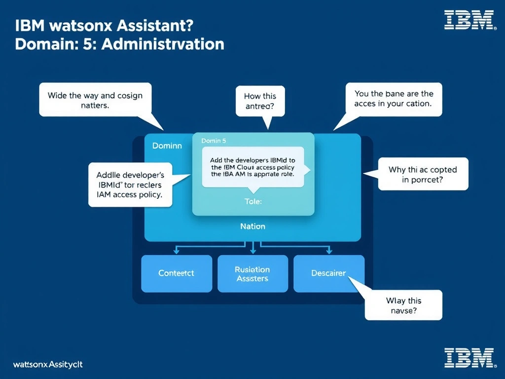 Educational infographic for IBM watsonx Assistant: visualize the concept of 'Add the developer's IBMid to the IBM Cloud IAM access policy with the appropriate role' within the 'Domain 5: Administration' domain. Use a clean diagram or layered flow showing how this capability fits into a conversational AI lifecycle — labeled boxes for key components, arrows showing data or conversation flow, IBM blue/navy color palette with white text callouts highlighting why this answer is correct.