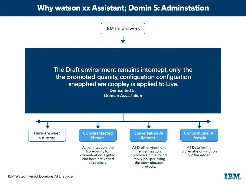 Educational infographic for IBM watsonx Assistant: visualize the concept of 'The Draft environment remains intact; only the promoted configuration snapshot is applied to Live' within the 'Domain 5: Administration' domain. Use a clean diagram or layered flow showing how this capability fits into a conversational AI lifecycle — labeled boxes for key components, arrows showing data or conversation flow, IBM blue/navy color palette with white text callouts highlighting why this answer is correct.
