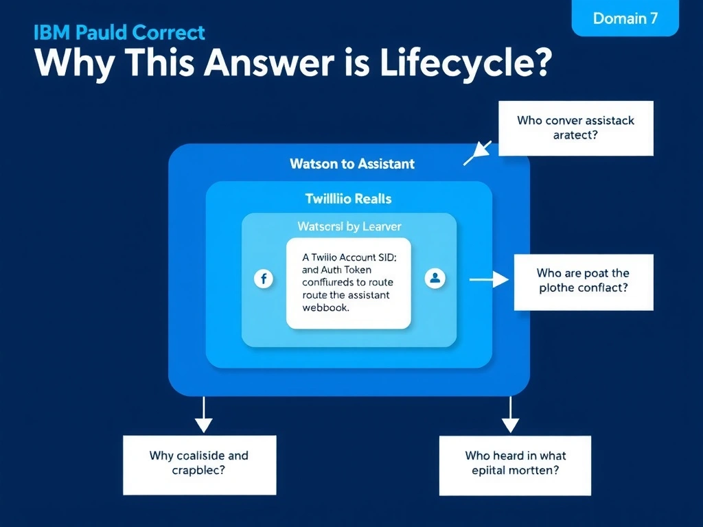 Educational infographic for IBM watsonx Assistant: visualize the concept of 'A Twilio Account SID; Auth Token; and a Twilio phone number configured to route to the assistant webhook' within the 'Domain 7: Multi-Modal Integration' domain. Use a clean diagram or layered flow showing how this capability fits into a conversational AI lifecycle — labeled boxes for key components, arrows showing data or conversation flow, IBM blue/navy color palette with white text callouts highlighting why this answer is correct.