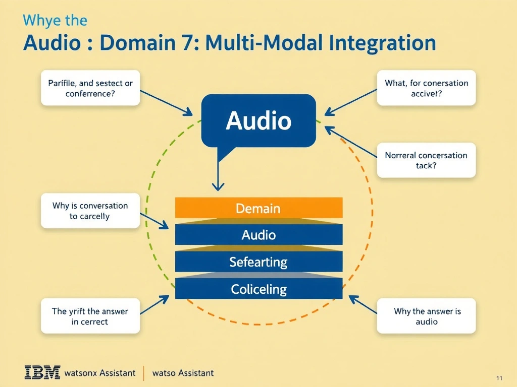 Educational infographic for IBM watsonx Assistant: visualize the concept of 'Audio' within the 'Domain 7: Multi-Modal Integration' domain. Use a clean diagram or layered flow showing how this capability fits into a conversational AI lifecycle — labeled boxes for key components, arrows showing data or conversation flow, IBM blue/navy color palette with white text callouts highlighting why this answer is correct.
