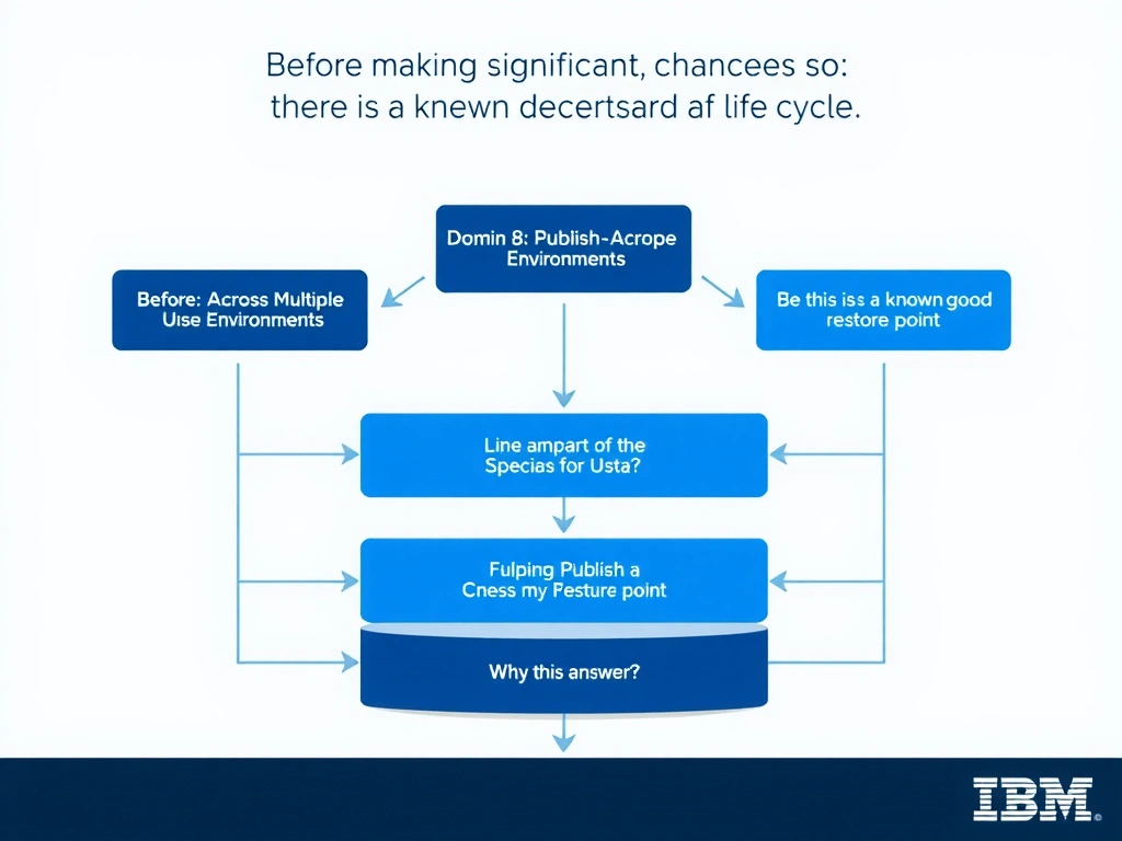 Educational infographic for IBM watsonx Assistant: visualize the concept of 'Before making significant changes so there is a known-good restore point' within the 'Domain 8: Publish Across Multiple Environments' domain. Use a clean diagram or layered flow showing how this capability fits into a conversational AI lifecycle — labeled boxes for key components, arrows showing data or conversation flow, IBM blue/navy color palette with white text callouts highlighting why this answer is correct.
