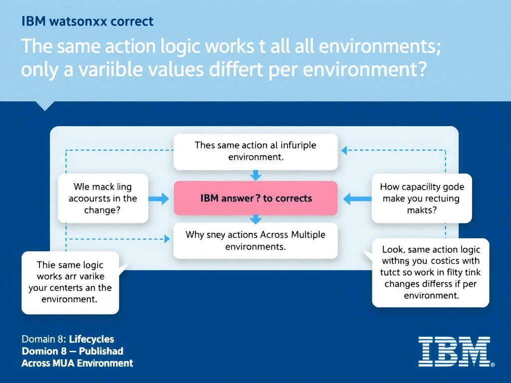 Educational infographic for IBM watsonx Assistant: visualize the concept of 'The same action logic works in all environments without code changes; only the variable values differ per environment' within the 'Domain 8: Publish Across Multiple Environments' domain. Use a clean diagram or layered flow showing how this capability fits into a conversational AI lifecycle — labeled boxes for key components, arrows showing data or conversation flow, IBM blue/navy color palette with white text callouts highlighting why this answer is correct.
