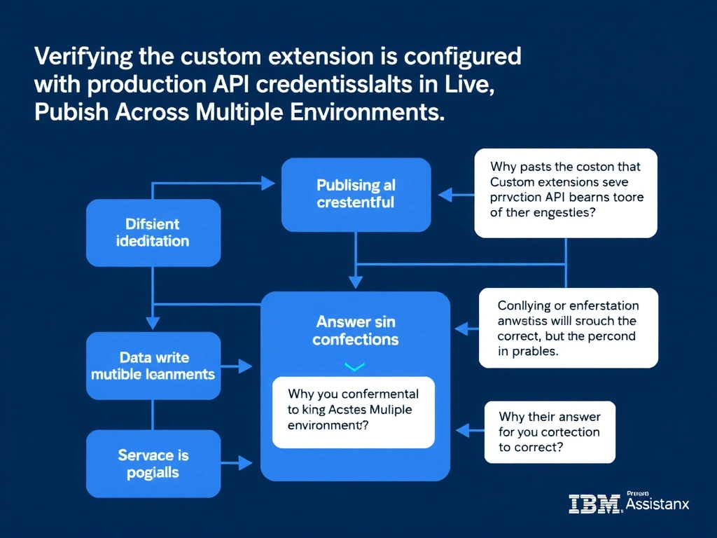 Educational infographic for IBM watsonx Assistant: visualize the concept of 'Verifying the custom extension is configured with production API credentials in the Live environment' within the 'Domain 8: Publish Across Multiple Environments' domain. Use a clean diagram or layered flow showing how this capability fits into a conversational AI lifecycle — labeled boxes for key components, arrows showing data or conversation flow, IBM blue/navy color palette with white text callouts highlighting why this answer is correct.
