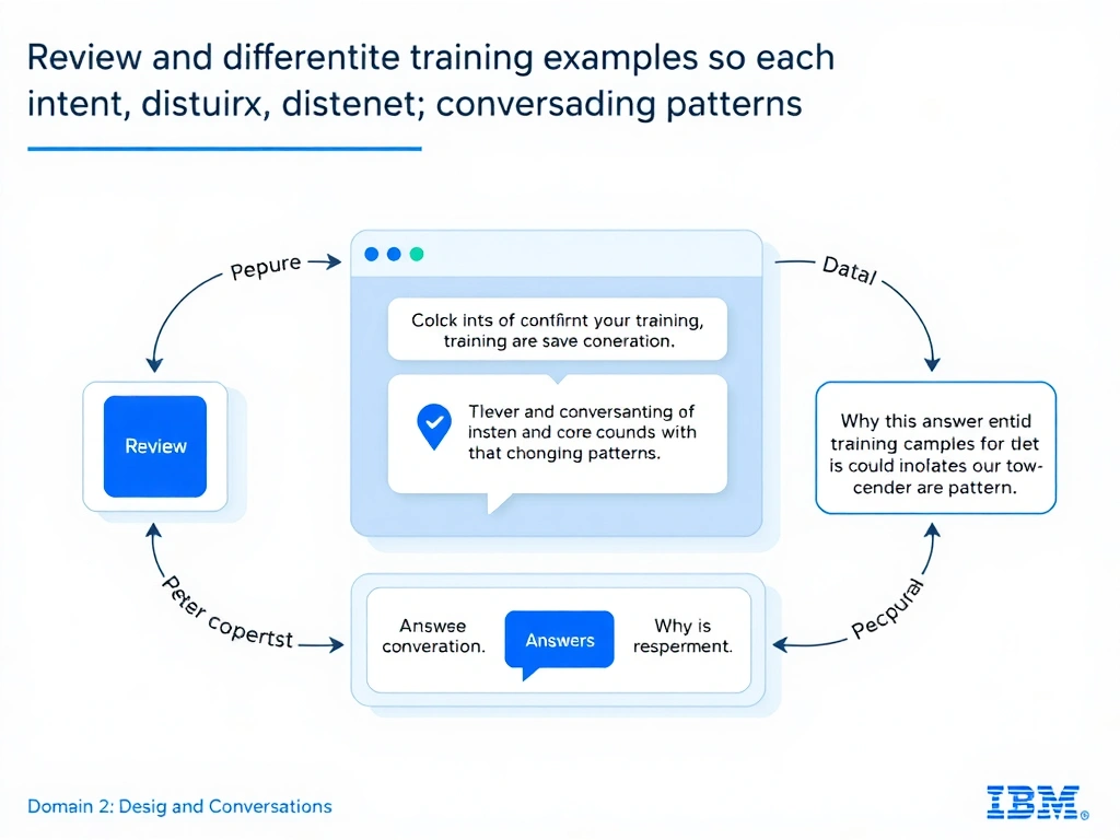 Educational infographic for IBM watsonx Assistant: visualize the concept of 'Review and differentiate training examples so each intent has distinct; non-overlapping patterns' within the 'Domain 2: Design and Extend Conversations' domain. Use a clean diagram or layered flow showing how this capability fits into a conversational AI lifecycle — labeled boxes for key components, arrows showing data or conversation flow, IBM blue/navy color palette with white text callouts highlighting why this answer is correct.