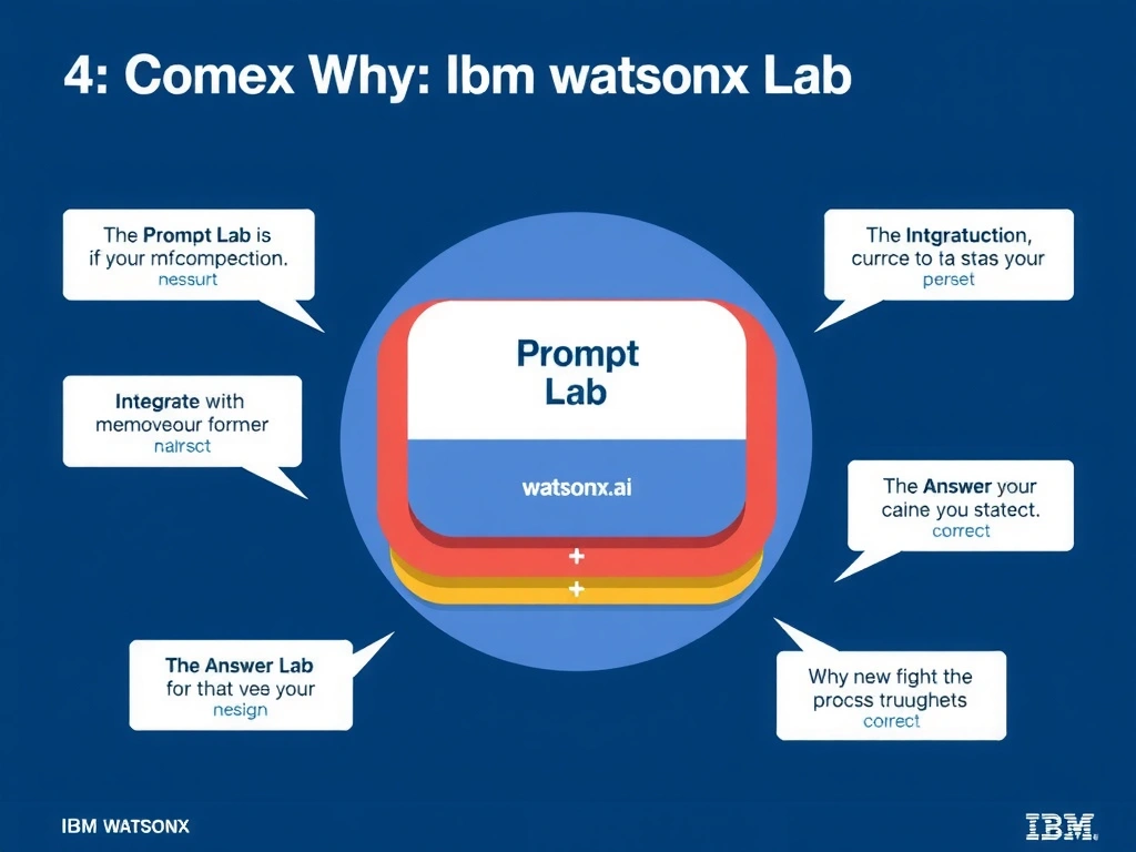 Educational infographic for IBM watsonx Assistant: visualize the concept of 'The Prompt Lab in watsonx.ai' within the 'Domain 4: Integrate with watsonx' domain. Use a clean diagram or layered flow showing how this capability fits into a conversational AI lifecycle — labeled boxes for key components, arrows showing data or conversation flow, IBM blue/navy color palette with white text callouts highlighting why this answer is correct.