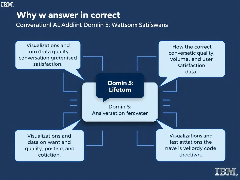Educational infographic for IBM watsonx Assistant: visualize the concept of 'Visualizations and data on conversation quality; volume; and user satisfaction' within the 'Domain 5: Administration' domain. Use a clean diagram or layered flow showing how this capability fits into a conversational AI lifecycle — labeled boxes for key components, arrows showing data or conversation flow, IBM blue/navy color palette with white text callouts highlighting why this answer is correct.