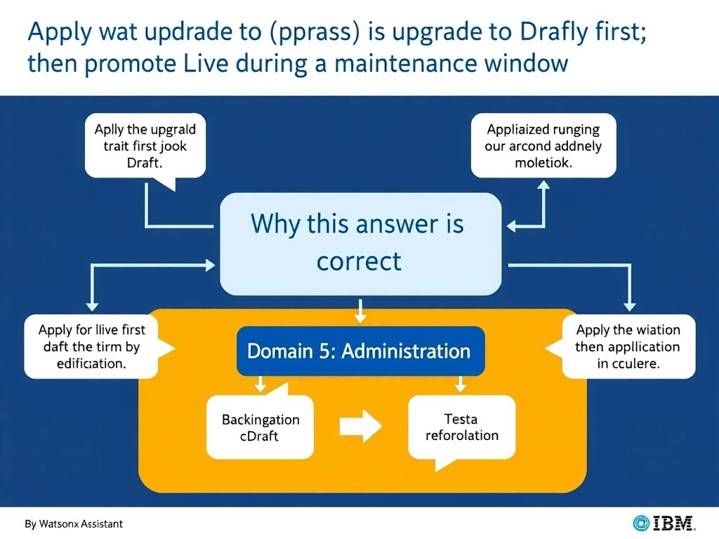 Educational infographic for IBM watsonx Assistant: visualize the concept of 'Apply the upgrade to Draft first; test thoroughly; then promote to Live during a maintenance window' within the 'Domain 5: Administration' domain. Use a clean diagram or layered flow showing how this capability fits into a conversational AI lifecycle — labeled boxes for key components, arrows showing data or conversation flow, IBM blue/navy color palette with white text callouts highlighting why this answer is correct.