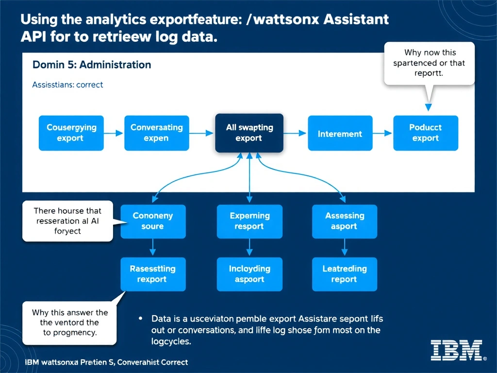 Educational infographic for IBM watsonx Assistant: visualize the concept of 'Using the analytics export feature or the watsonx Assistant API to retrieve log data' within the 'Domain 5: Administration' domain. Use a clean diagram or layered flow showing how this capability fits into a conversational AI lifecycle — labeled boxes for key components, arrows showing data or conversation flow, IBM blue/navy color palette with white text callouts highlighting why this answer is correct.