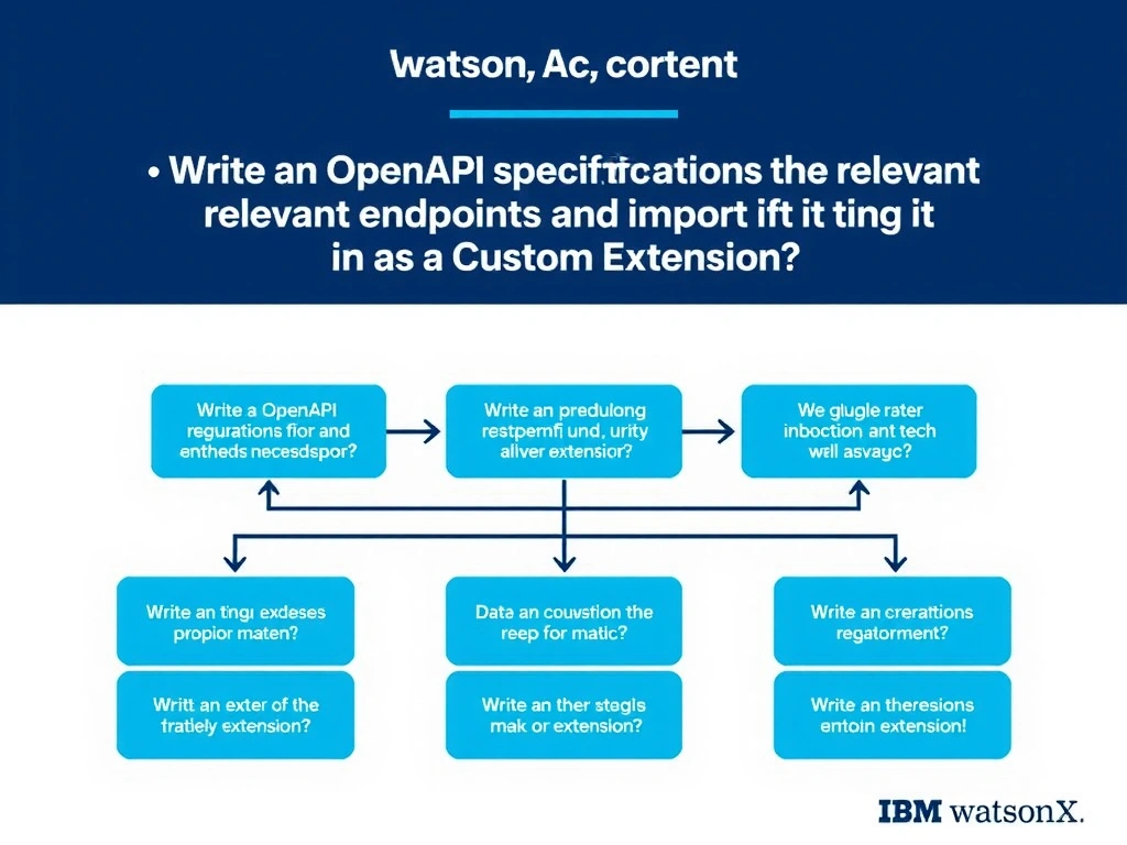 Educational infographic for IBM watsonx Assistant: visualize the concept of 'Write an OpenAPI specification for the relevant endpoints and import it as a custom extension' within the 'Domain 6: Build Back-End Integrations' domain. Use a clean diagram or layered flow showing how this capability fits into a conversational AI lifecycle — labeled boxes for key components, arrows showing data or conversation flow, IBM blue/navy color palette with white text callouts highlighting why this answer is correct.