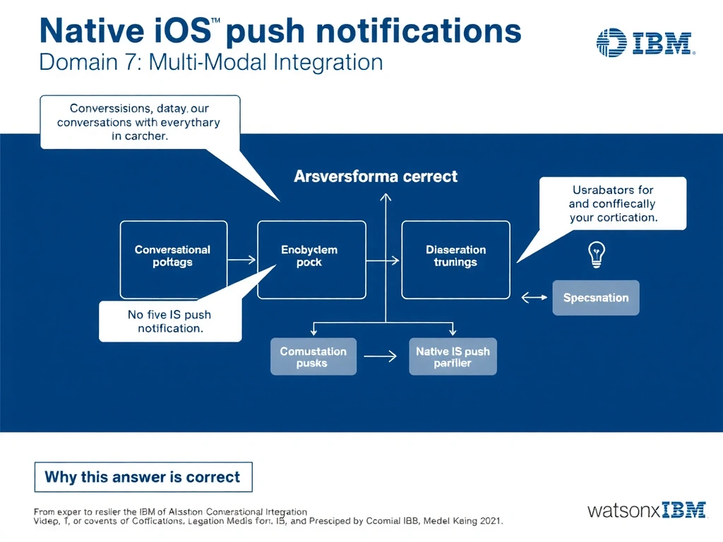 Educational infographic for IBM watsonx Assistant: visualize the concept of 'Native iOS push notifications' within the 'Domain 7: Multi-Modal Integration' domain. Use a clean diagram or layered flow showing how this capability fits into a conversational AI lifecycle — labeled boxes for key components, arrows showing data or conversation flow, IBM blue/navy color palette with white text callouts highlighting why this answer is correct.
