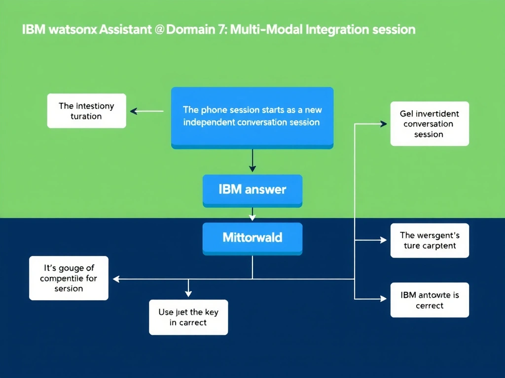 Educational infographic for IBM watsonx Assistant: visualize the concept of 'The phone session starts as a new independent conversation session' within the 'Domain 7: Multi-Modal Integration' domain. Use a clean diagram or layered flow showing how this capability fits into a conversational AI lifecycle — labeled boxes for key components, arrows showing data or conversation flow, IBM blue/navy color palette with white text callouts highlighting why this answer is correct.