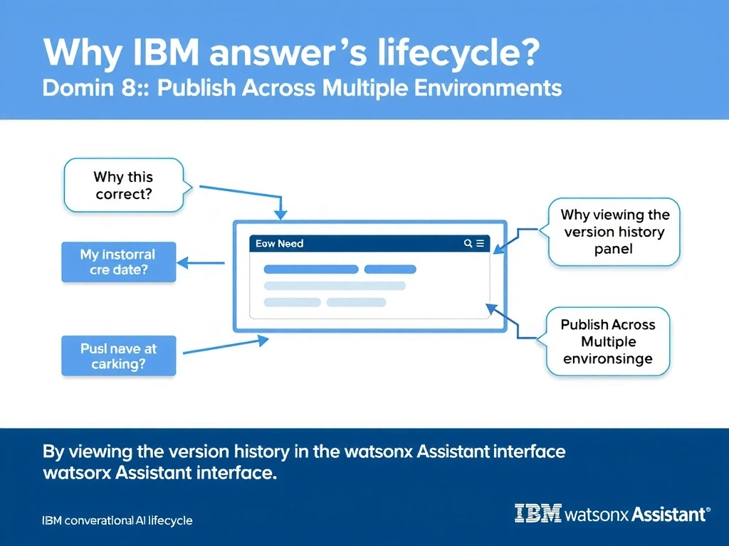 Educational infographic for IBM watsonx Assistant: visualize the concept of 'By viewing the version history panel in the watsonx Assistant interface' within the 'Domain 8: Publish Across Multiple Environments' domain. Use a clean diagram or layered flow showing how this capability fits into a conversational AI lifecycle — labeled boxes for key components, arrows showing data or conversation flow, IBM blue/navy color palette with white text callouts highlighting why this answer is correct.