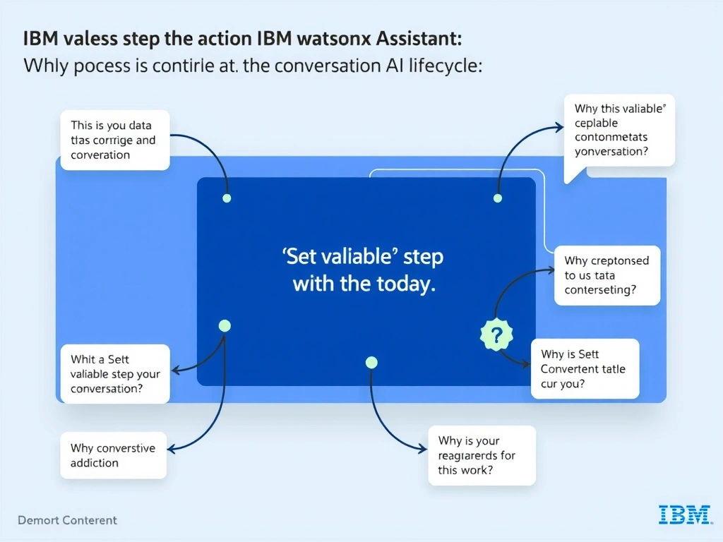 Educational infographic for IBM watsonx Assistant: visualize the concept of 'A 'Set variable' step within the action' within the 'Domain 1: Build Conversations' domain. Use a clean diagram or layered flow showing how this capability fits into a conversational AI lifecycle — labeled boxes for key components, arrows showing data or conversation flow, IBM blue/navy color palette with white text callouts highlighting why this answer is correct.