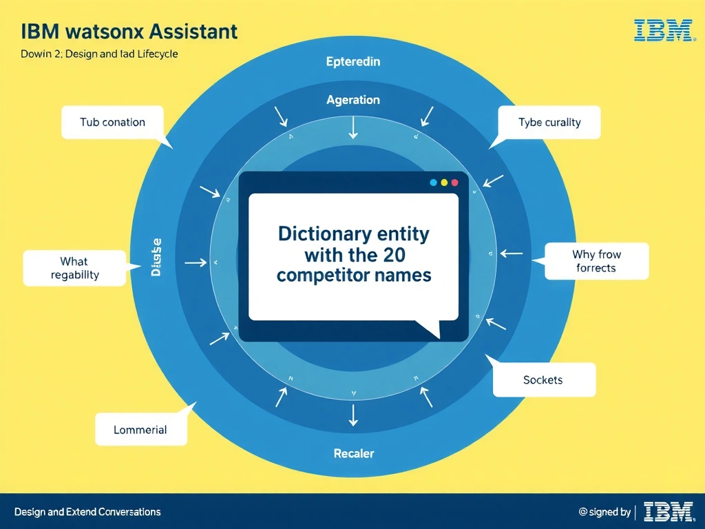 Educational infographic for IBM watsonx Assistant: visualize the concept of 'Dictionary entity with the 20 competitor names' within the 'Domain 2: Design and Extend Conversations' domain. Use a clean diagram or layered flow showing how this capability fits into a conversational AI lifecycle — labeled boxes for key components, arrows showing data or conversation flow, IBM blue/navy color palette with white text callouts highlighting why this answer is correct.
