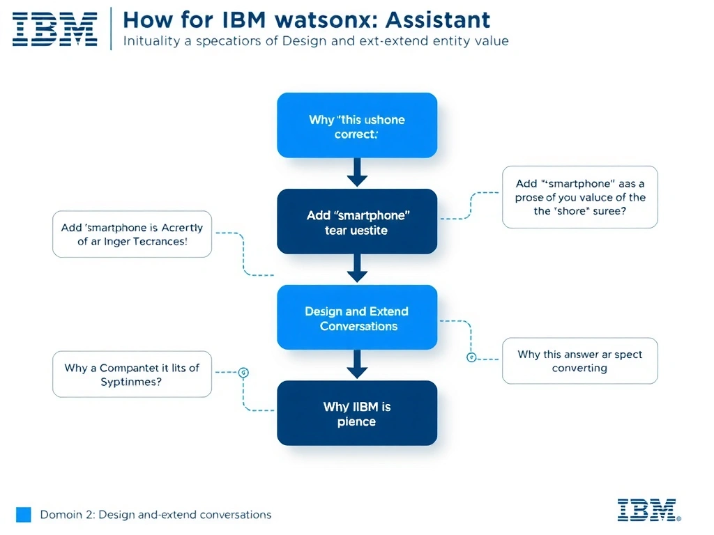 Educational infographic for IBM watsonx Assistant: visualize the concept of 'Add 'smartphone' as a synonym of the 'phone' entity value' within the 'Domain 2: Design and Extend Conversations' domain. Use a clean diagram or layered flow showing how this capability fits into a conversational AI lifecycle — labeled boxes for key components, arrows showing data or conversation flow, IBM blue/navy color palette with white text callouts highlighting why this answer is correct.