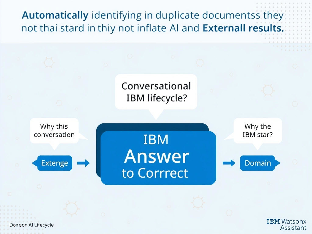 Educational infographic for IBM watsonx Assistant: visualize the concept of 'Automatically identifying and filtering duplicate documents so they do not inflate search results' within the 'Domain 3: Connect AI and External Knowledge' domain. Use a clean diagram or layered flow showing how this capability fits into a conversational AI lifecycle — labeled boxes for key components, arrows showing data or conversation flow, IBM blue/navy color palette with white text callouts highlighting why this answer is correct.
