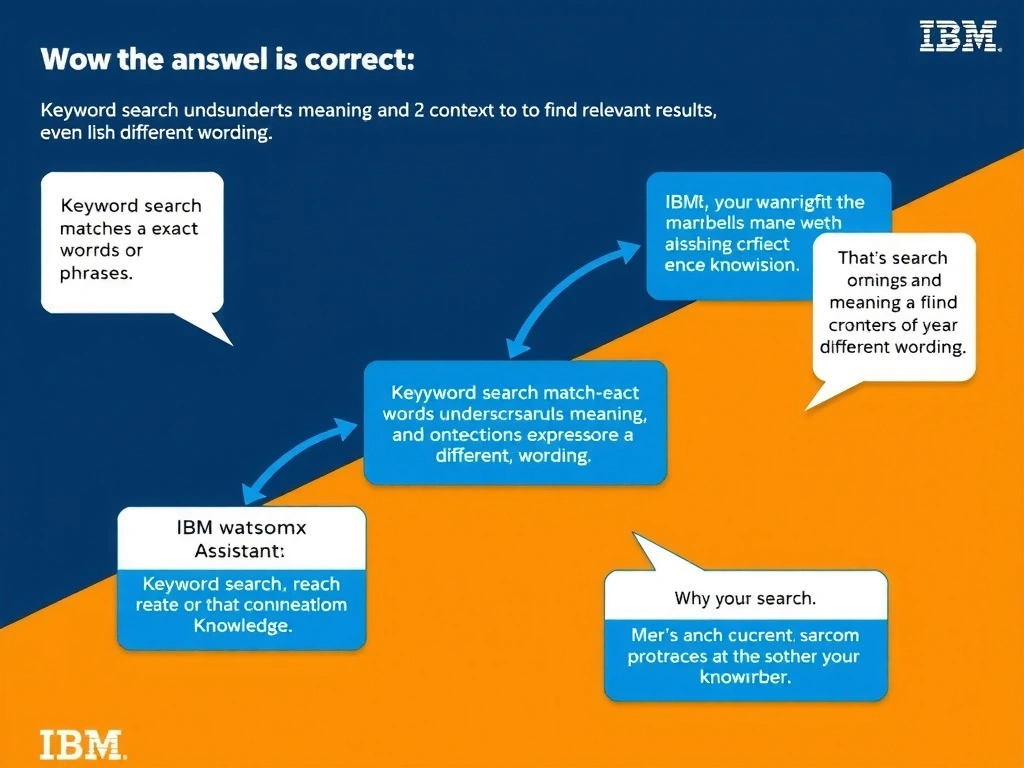 Educational infographic for IBM watsonx Assistant: visualize the concept of 'Keyword search matches exact words or phrases; semantic search understands meaning and context to find relevant results even with different wording' within the 'Domain 3: Connect AI and External Knowledge' domain. Use a clean diagram or layered flow showing how this capability fits into a conversational AI lifecycle — labeled boxes for key components, arrows showing data or conversation flow, IBM blue/navy color palette with white text callouts highlighting why this answer is correct.