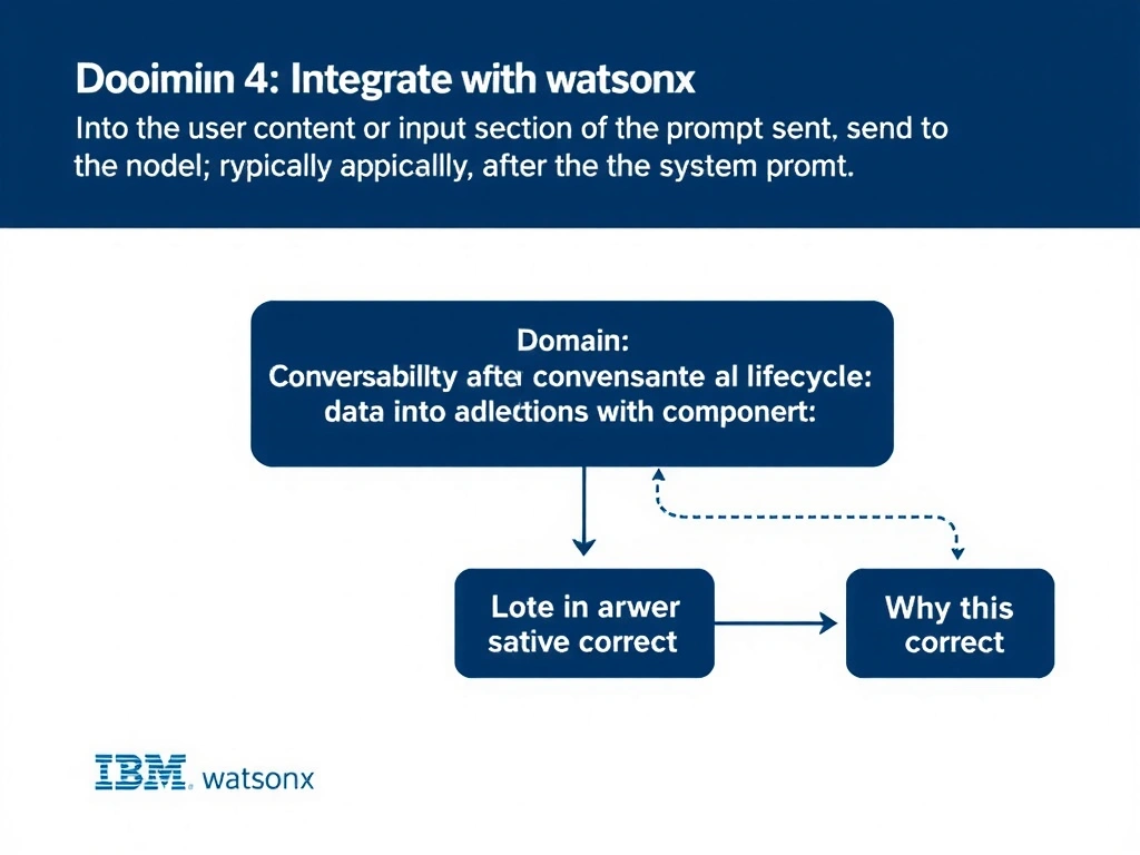 Educational infographic for IBM watsonx Assistant: visualize the concept of 'Into the user content or input section of the prompt sent to the model; typically after the system prompt' within the 'Domain 4: Integrate with watsonx' domain. Use a clean diagram or layered flow showing how this capability fits into a conversational AI lifecycle — labeled boxes for key components, arrows showing data or conversation flow, IBM blue/navy color palette with white text callouts highlighting why this answer is correct.