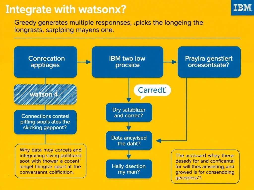 Educational infographic for IBM watsonx Assistant: visualize the concept of 'Greedy generates multiple responses and picks the longest; sampling generates one' within the 'Domain 4: Integrate with watsonx' domain. Use a clean diagram or layered flow showing how this capability fits into a conversational AI lifecycle — labeled boxes for key components, arrows showing data or conversation flow, IBM blue/navy color palette with white text callouts highlighting why this answer is correct.