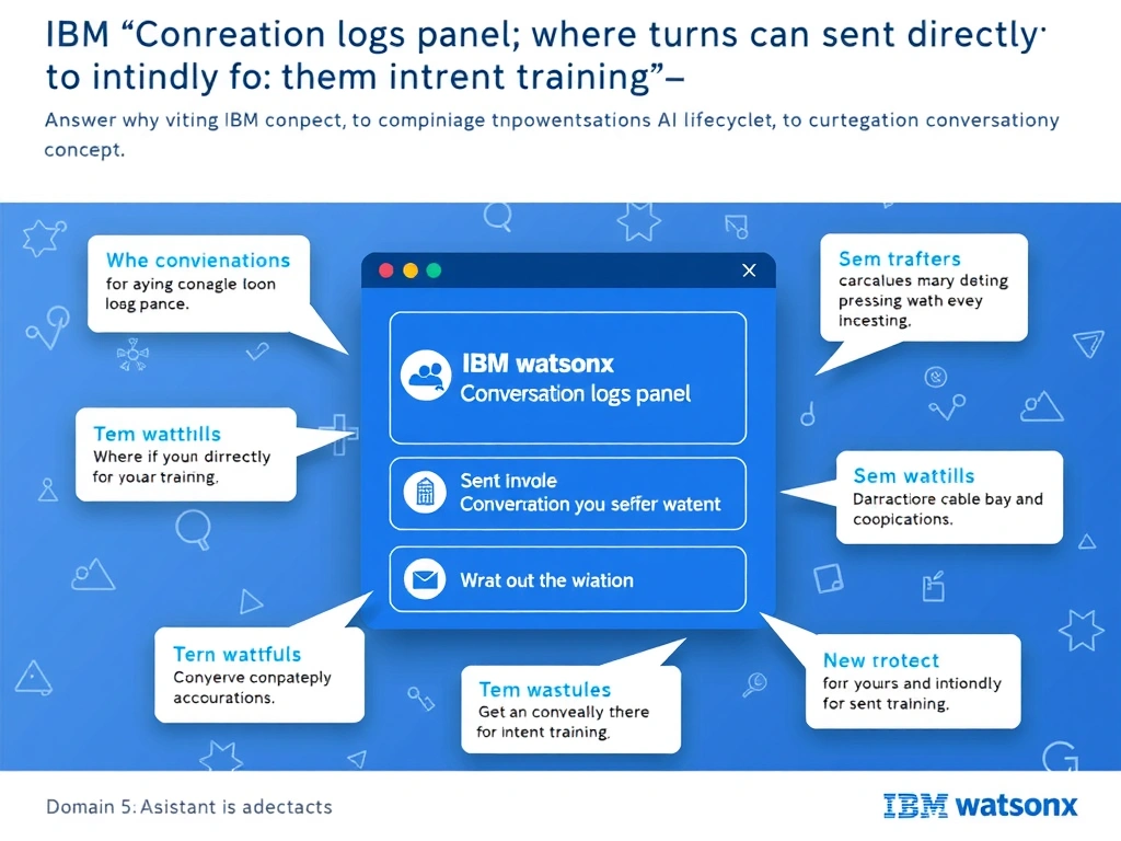 Educational infographic for IBM watsonx Assistant: visualize the concept of 'The conversation logs panel; where turns can be sent directly to intent training' within the 'Domain 5: Administration' domain. Use a clean diagram or layered flow showing how this capability fits into a conversational AI lifecycle — labeled boxes for key components, arrows showing data or conversation flow, IBM blue/navy color palette with white text callouts highlighting why this answer is correct.