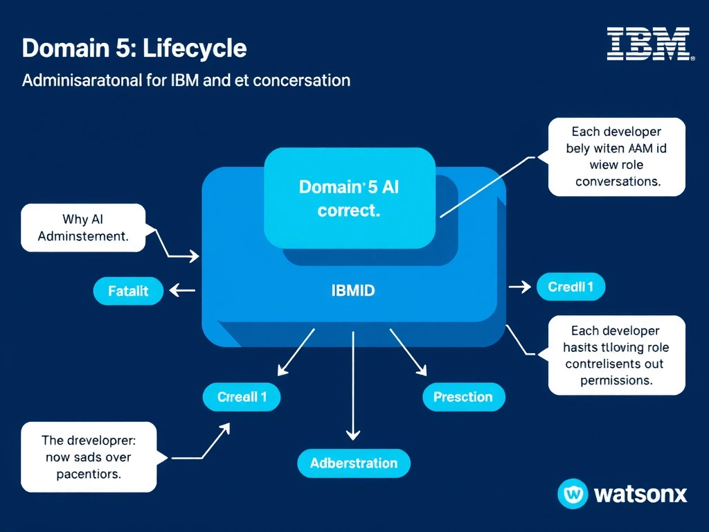 Educational infographic for IBM watsonx Assistant: visualize the concept of 'Each developer has their own IBMid with an IAM role controlling view and edit permissions' within the 'Domain 5: Administration' domain. Use a clean diagram or layered flow showing how this capability fits into a conversational AI lifecycle — labeled boxes for key components, arrows showing data or conversation flow, IBM blue/navy color palette with white text callouts highlighting why this answer is correct.