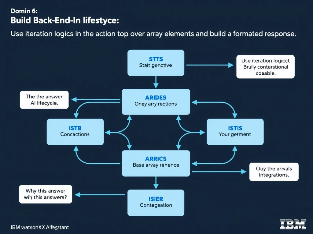 Educational infographic for IBM watsonx Assistant: visualize the concept of 'Use iteration logic in the action to loop over array elements and build a formatted response' within the 'Domain 6: Build Back-End Integrations' domain. Use a clean diagram or layered flow showing how this capability fits into a conversational AI lifecycle — labeled boxes for key components, arrows showing data or conversation flow, IBM blue/navy color palette with white text callouts highlighting why this answer is correct.