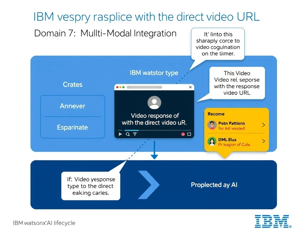 Educational infographic for IBM watsonx Assistant: visualize the concept of 'Video response type with the direct video URL' within the 'Domain 7: Multi-Modal Integration' domain. Use a clean diagram or layered flow showing how this capability fits into a conversational AI lifecycle — labeled boxes for key components, arrows showing data or conversation flow, IBM blue/navy color palette with white text callouts highlighting why this answer is correct.