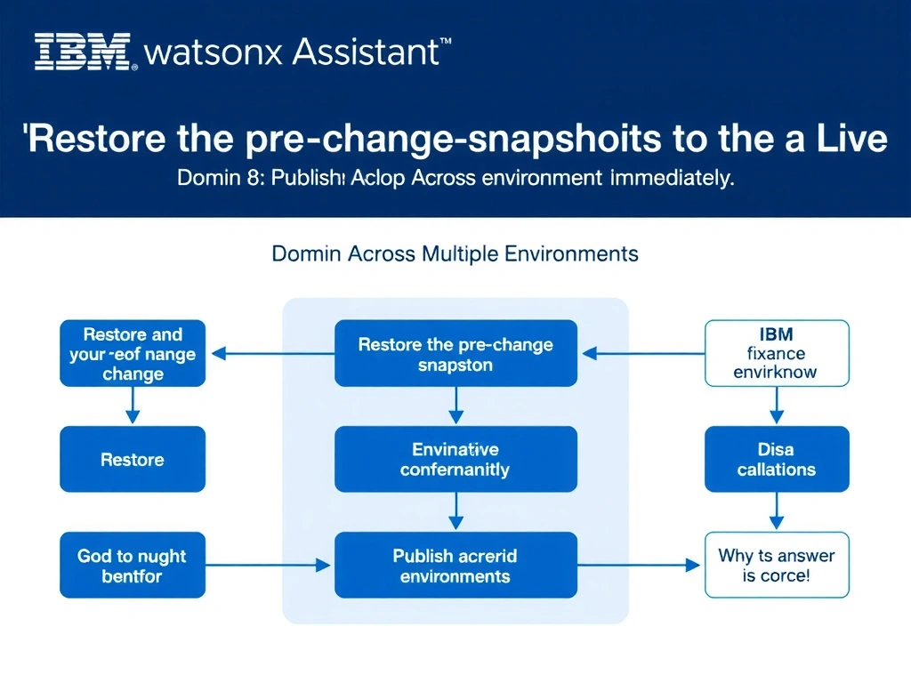 Educational infographic for IBM watsonx Assistant: visualize the concept of 'Restore the pre-change snapshot to the Live environment immediately' within the 'Domain 8: Publish Across Multiple Environments' domain. Use a clean diagram or layered flow showing how this capability fits into a conversational AI lifecycle — labeled boxes for key components, arrows showing data or conversation flow, IBM blue/navy color palette with white text callouts highlighting why this answer is correct.