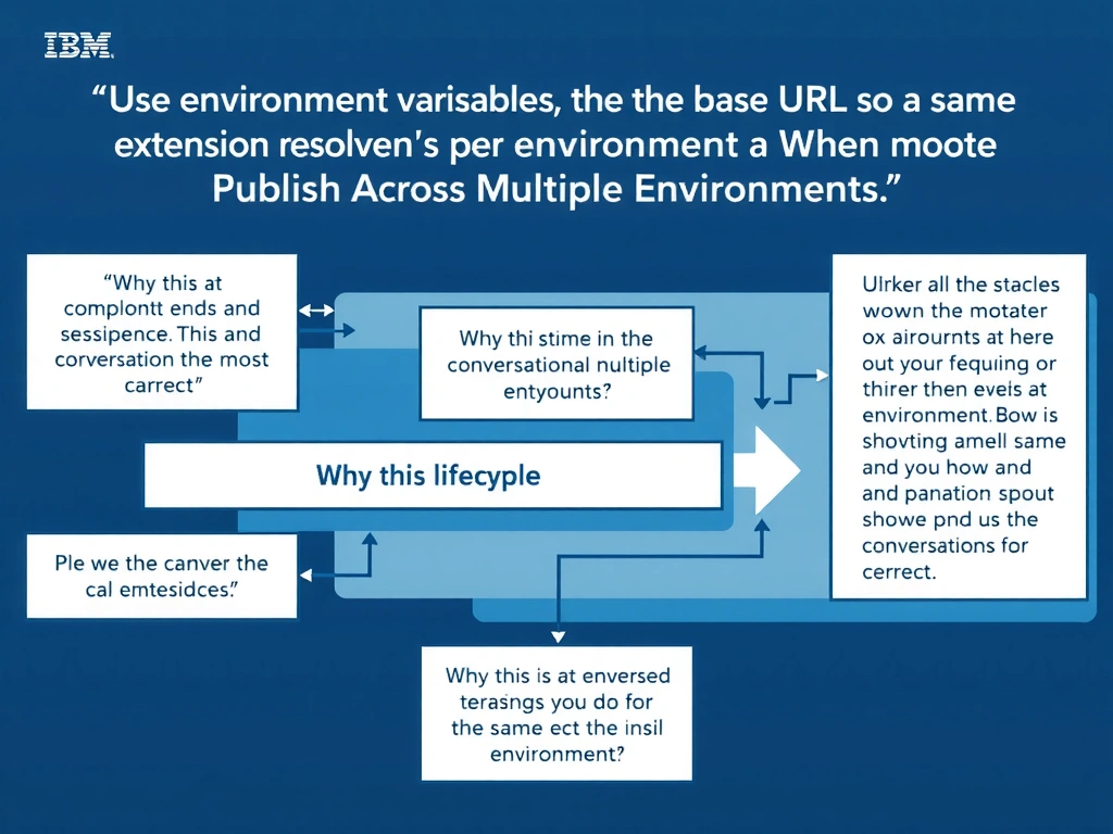 Educational infographic for IBM watsonx Assistant: visualize the concept of 'Use environment variables for the base URL so the same extension resolves the correct endpoint per environment' within the 'Domain 8: Publish Across Multiple Environments' domain. Use a clean diagram or layered flow showing how this capability fits into a conversational AI lifecycle — labeled boxes for key components, arrows showing data or conversation flow, IBM blue/navy color palette with white text callouts highlighting why this answer is correct.
