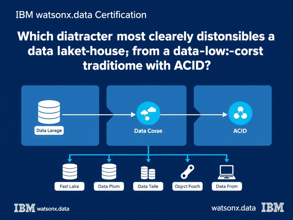 Educational infographic for IBM watsonx.data certification showing 'Which characteristic most clearly distinguishes a data lakehouse from a traditio'. Illustrate the concept of 'A data lakehouse combines low-cost object storage with ACID ' with a clean technical diagram, data flow arrows, and labeled components on a dark blue background with IBM styling.