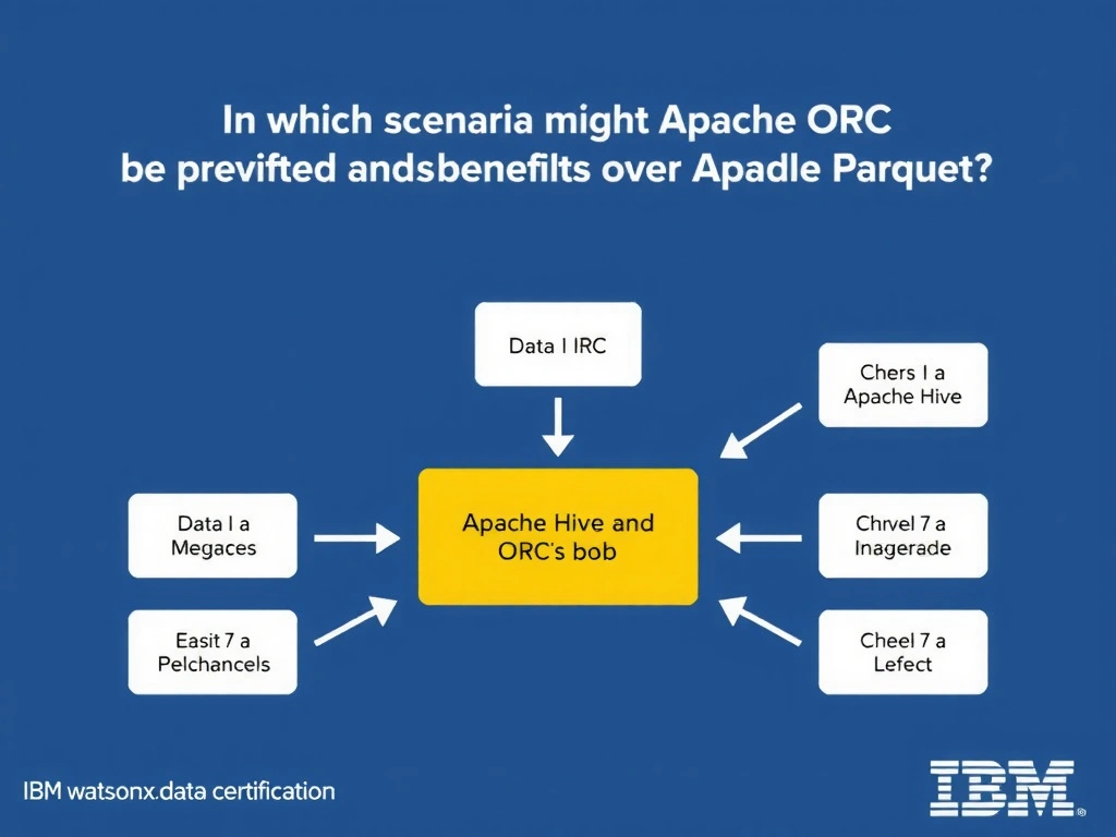 Educational infographic for IBM watsonx.data certification showing 'In which scenario might Apache ORC be preferred over Apache Parquet'. Illustrate the concept of 'When the workload uses Apache Hive and benefits from ORC's b' with a clean technical diagram, data flow arrows, and labeled components on a dark blue background with IBM styling.