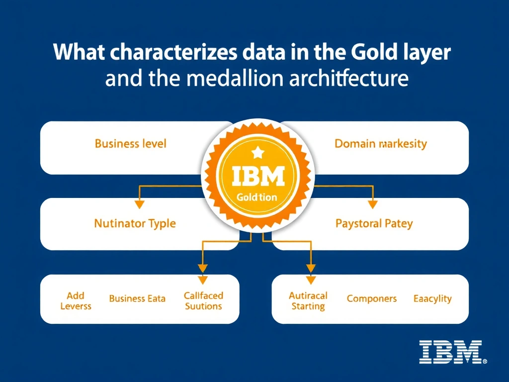 Educational infographic for IBM watsonx.data certification showing 'What characterizes data in the Gold layer of the medallion architecture'. Illustrate the concept of 'Business-level aggregations and domain-specific data models ' with a clean technical diagram, data flow arrows, and labeled components on a dark blue background with IBM styling.