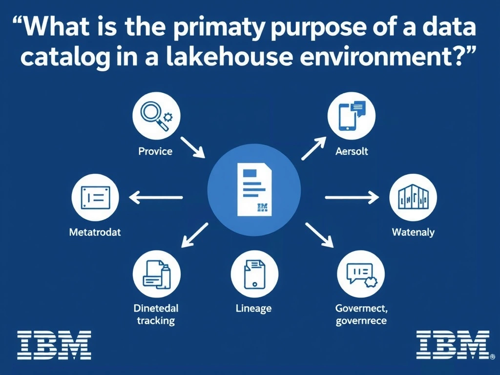 Educational infographic for IBM watsonx.data certification showing 'What is the primary purpose of a data catalog in a lakehouse environment'. Illustrate the concept of 'To provide metadata discovery; lineage tracking; and governe' with a clean technical diagram, data flow arrows, and labeled components on a dark blue background with IBM styling.